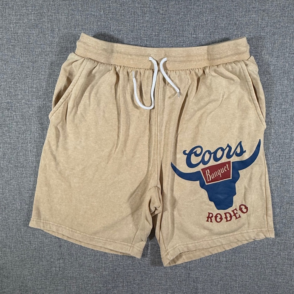 Coors Banquet Rodeo Graphic Sweat Shorts Men Small Tan Western Cowboy Americana
